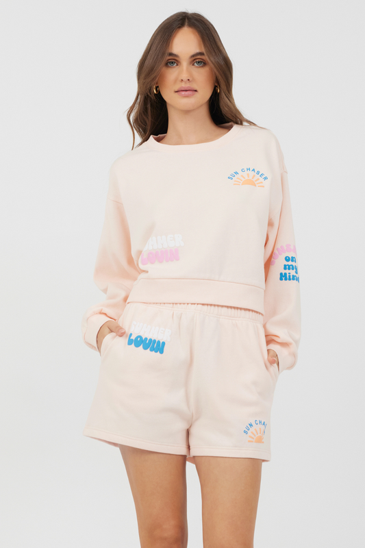 Peach Parfait Vintage Havana Peach Parfait W/ Multi Puff Print Surf Wash Crewneck