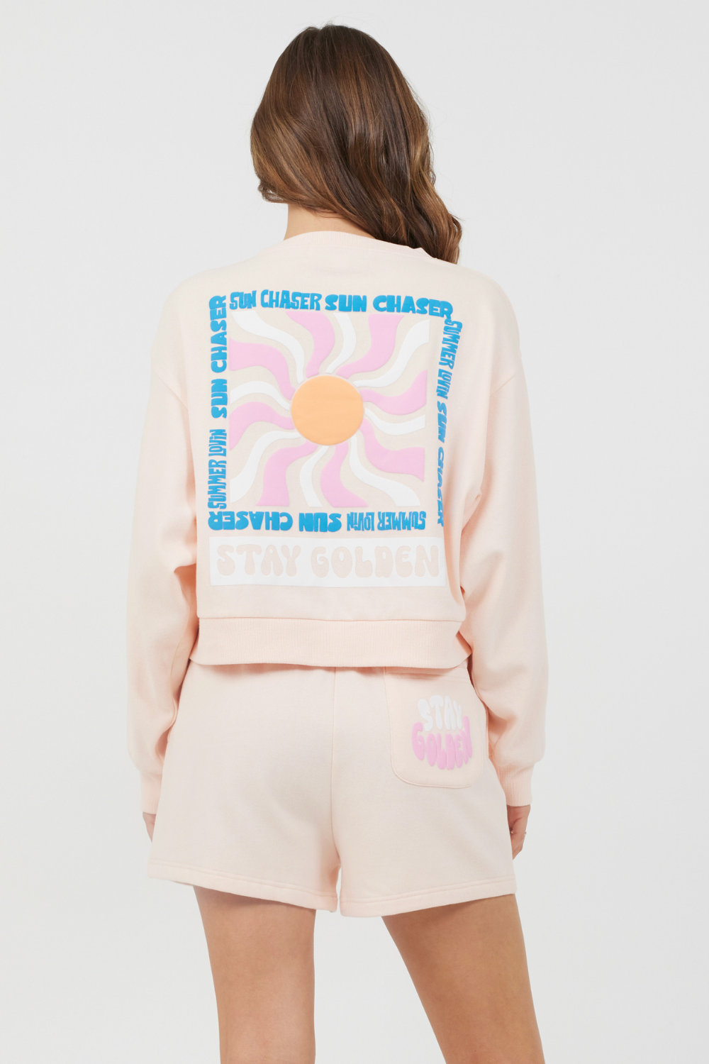 Peach Parfait Vintage Havana Peach Parfait W/ Multi Puff Print Surf Wash Crewneck
