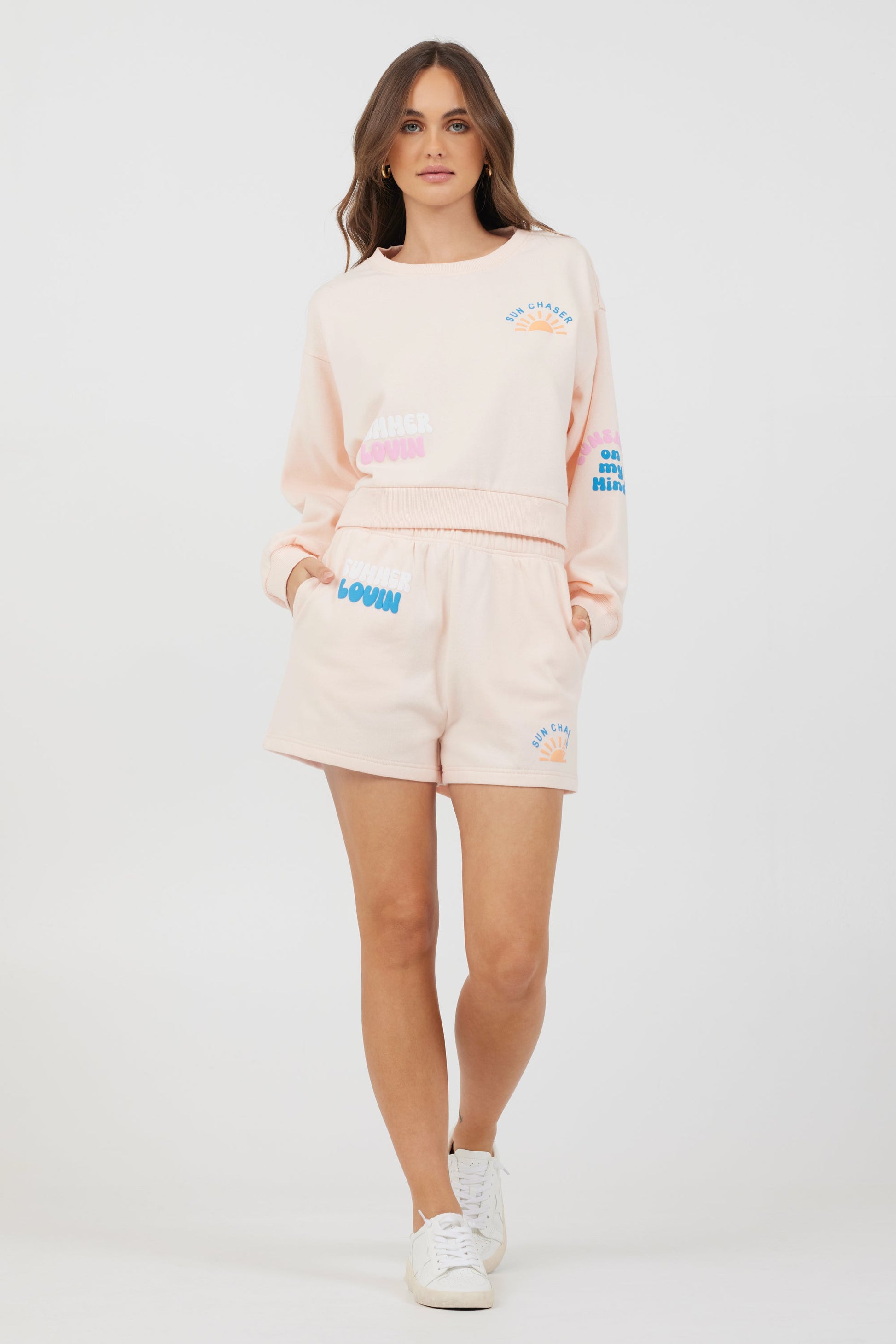 Peach Parfait Vintage Havana Peach Parfait W/ Multi Puff Print Surf Wash Crewneck