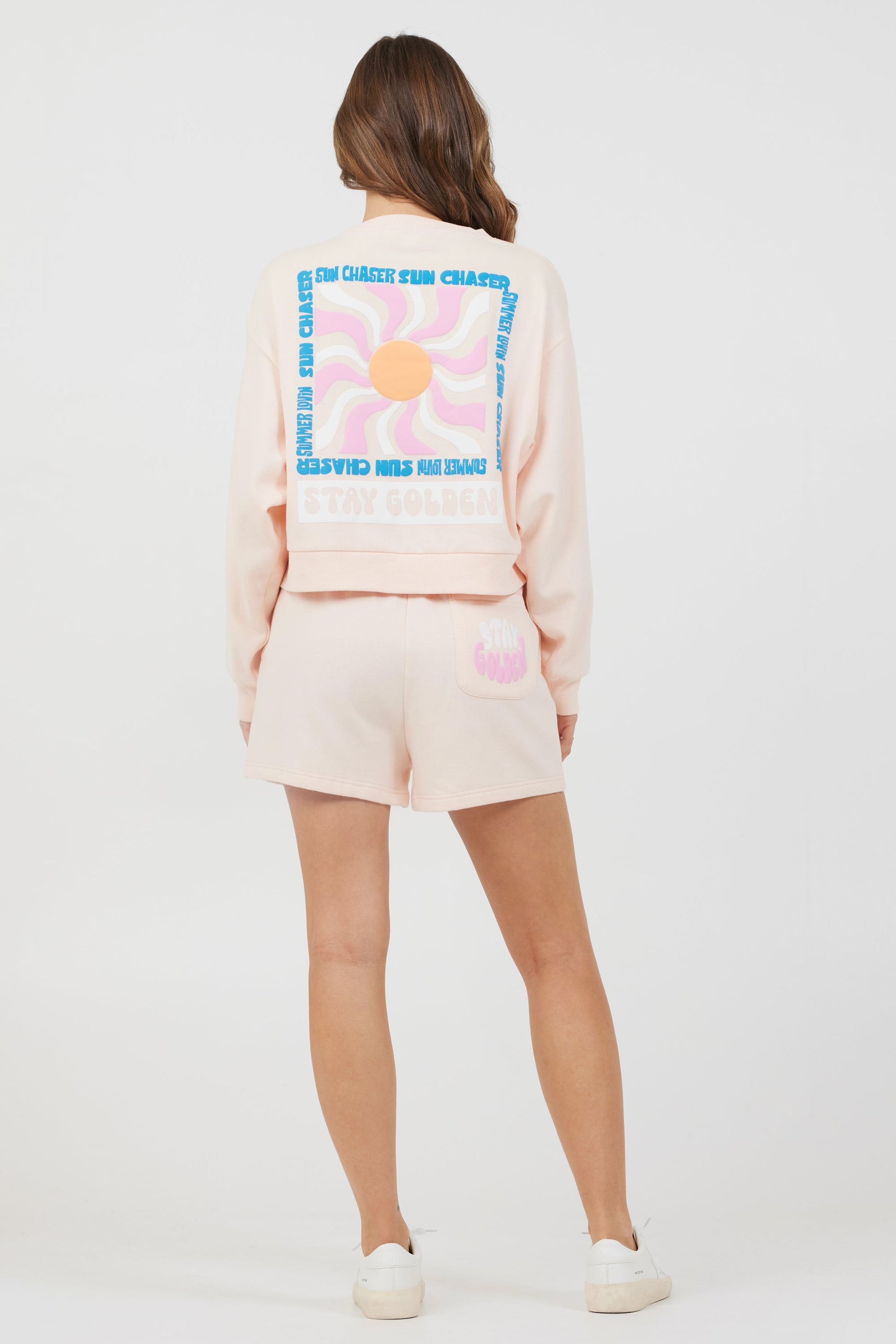 Peach Parfait Vintage Havana Peach Parfait W/ Multi Puff Print Surf Wash Crewneck