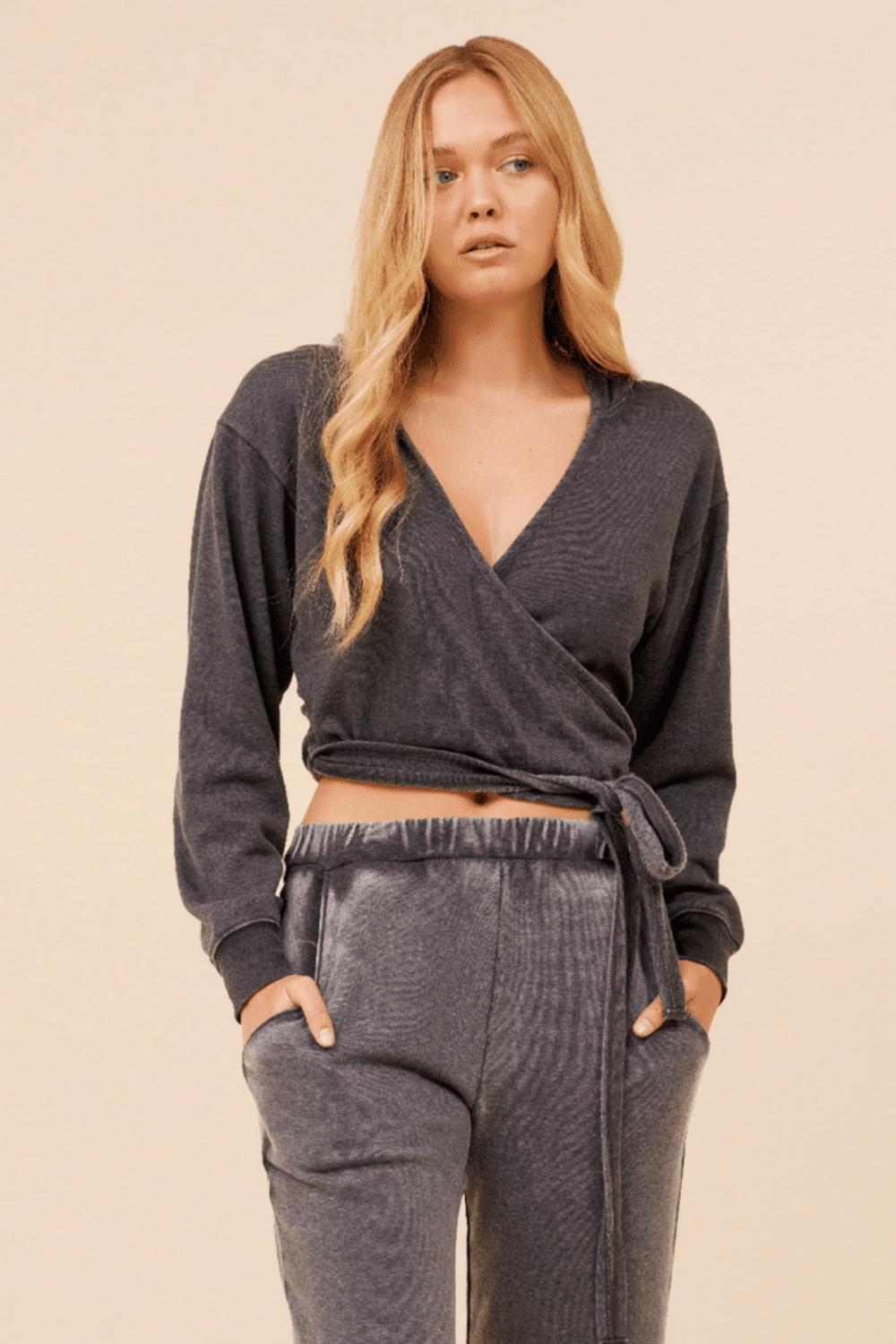 Grey Vintage Havana Heather Charcoal Lightweight Fleece Surplice Hoodie