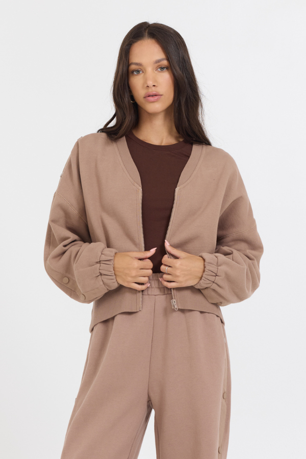Caramel Vintage Havana Caramel Latte Brushed Fleece Zip Up W/ Snap Sleeves