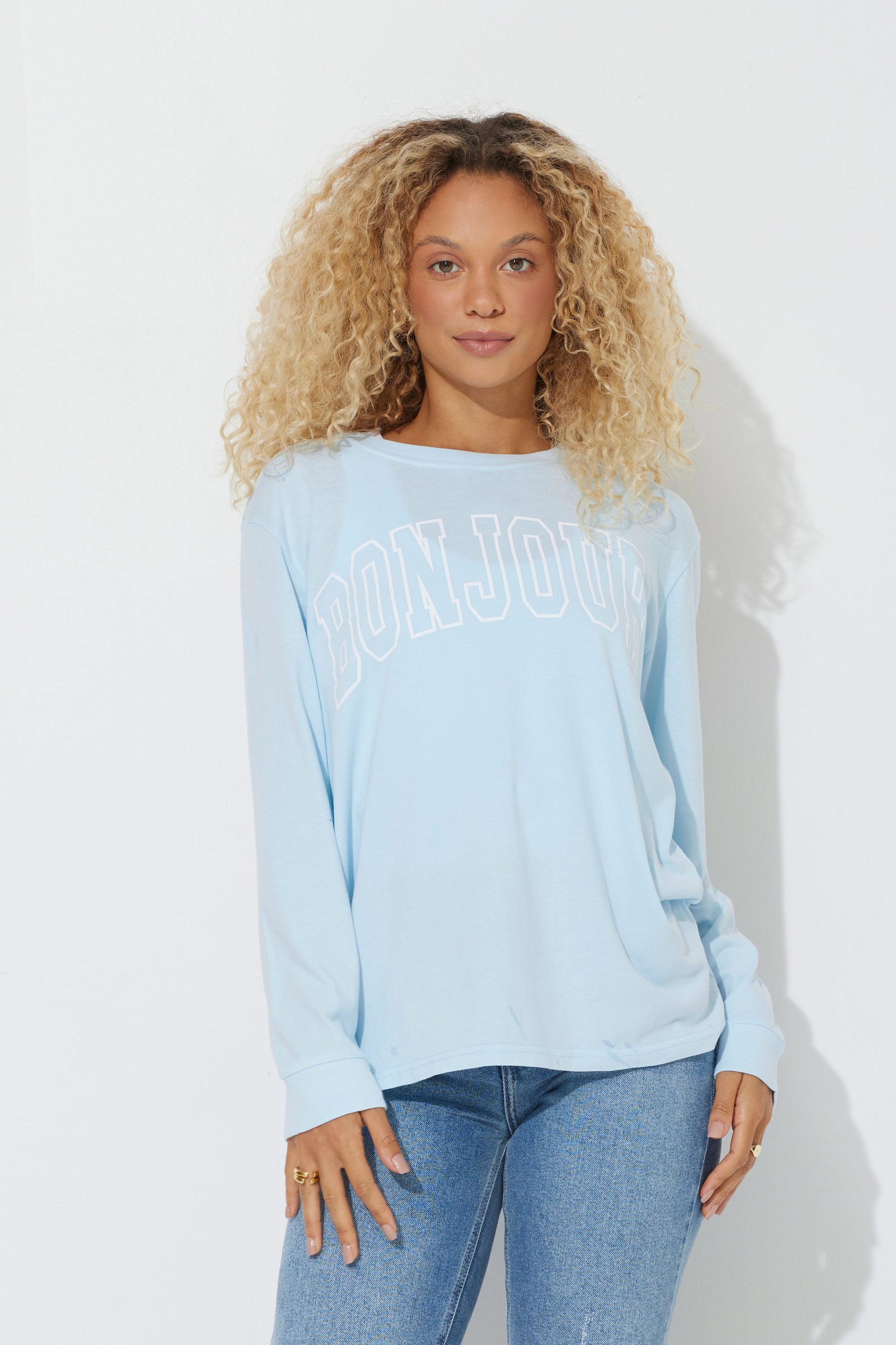 Sky Blue Vintage Havana Sky Blue "Bonjour" Pigment Dyed Long Sleeve Tee
