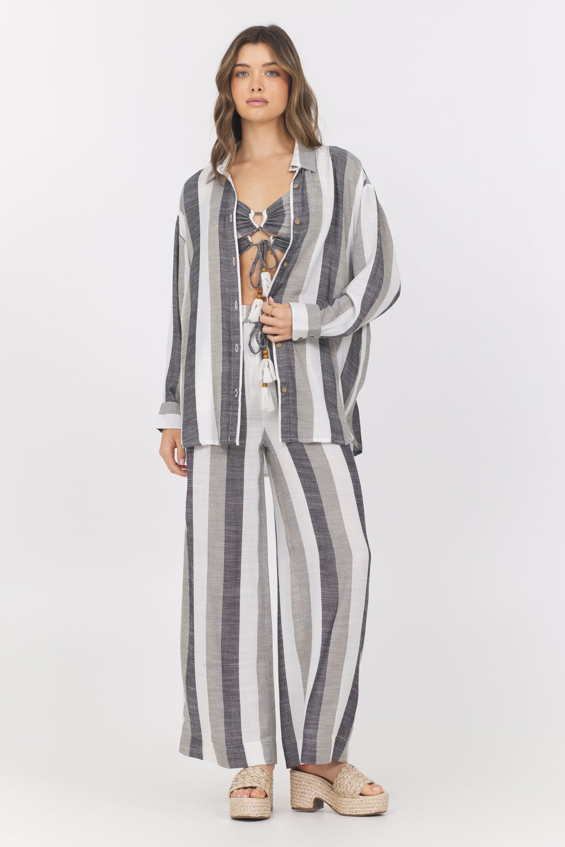 Black/White/Grey Vintage Havana Lightweight Metallic Stripe Button Down