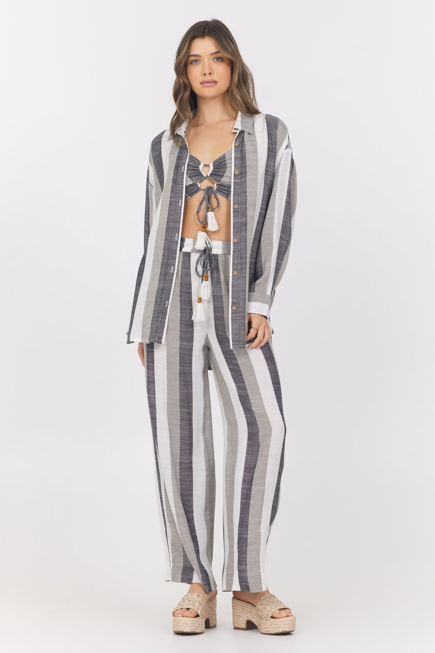 Black/White/Grey Vintage Havana Lightweight Metallic Stripe Button Down