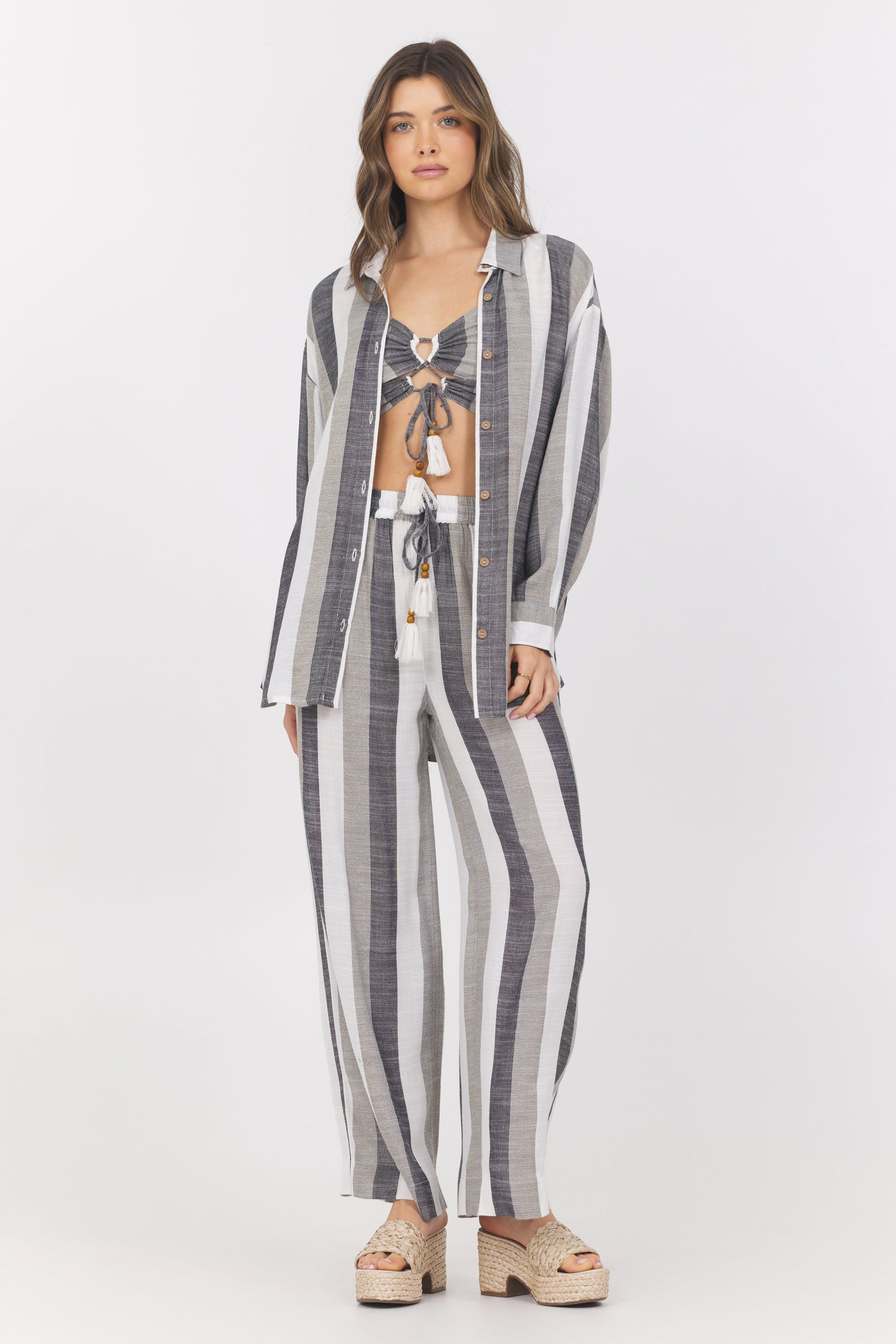 Black/White/Grey Vintage Havana Lightweight Metallic Stripe Button Down