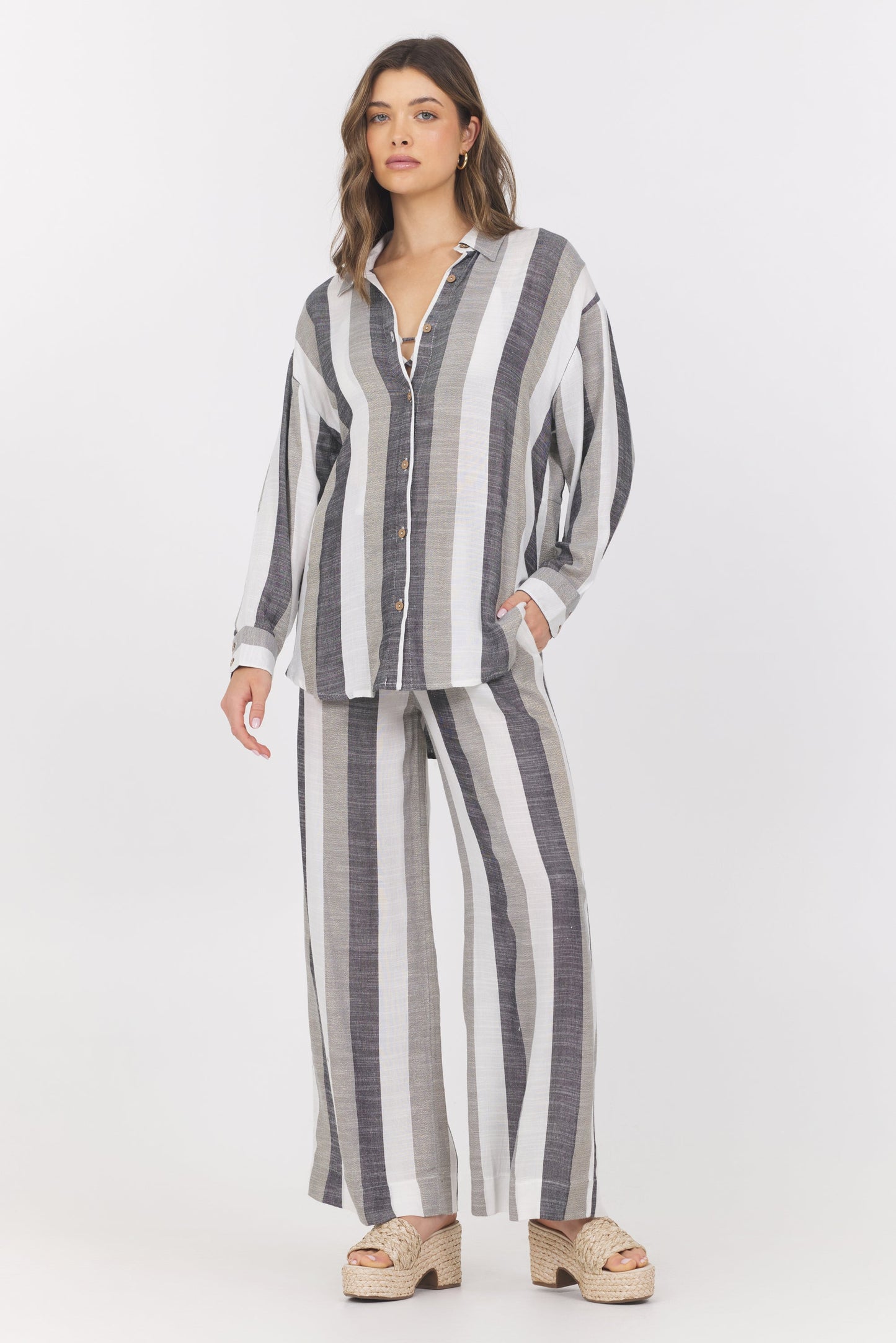 Black/White/Grey Vintage Havana Lightweight Metallic Stripe Button Down