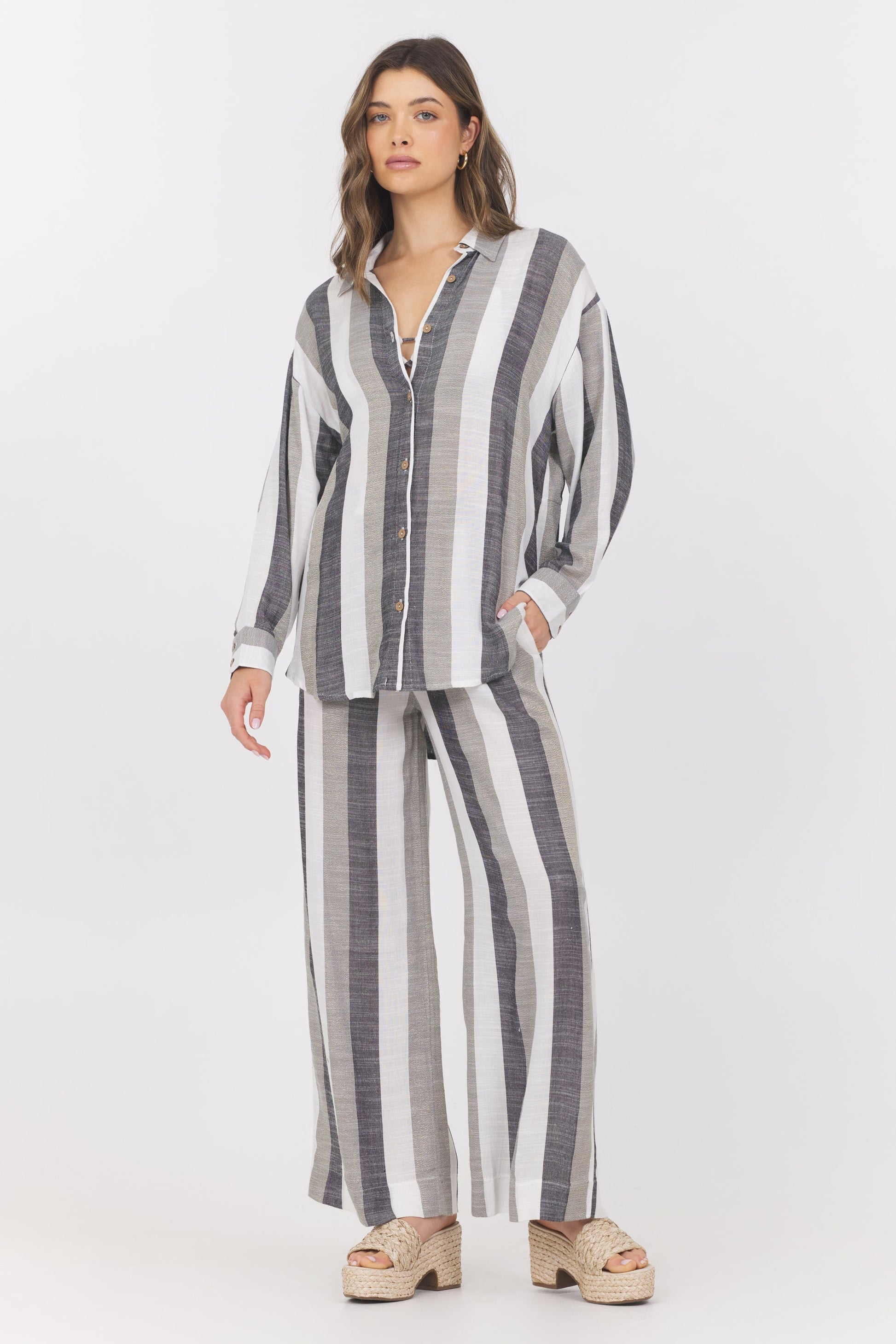 Black/White/Grey Vintage Havana Lightweight Metallic Stripe Button Down