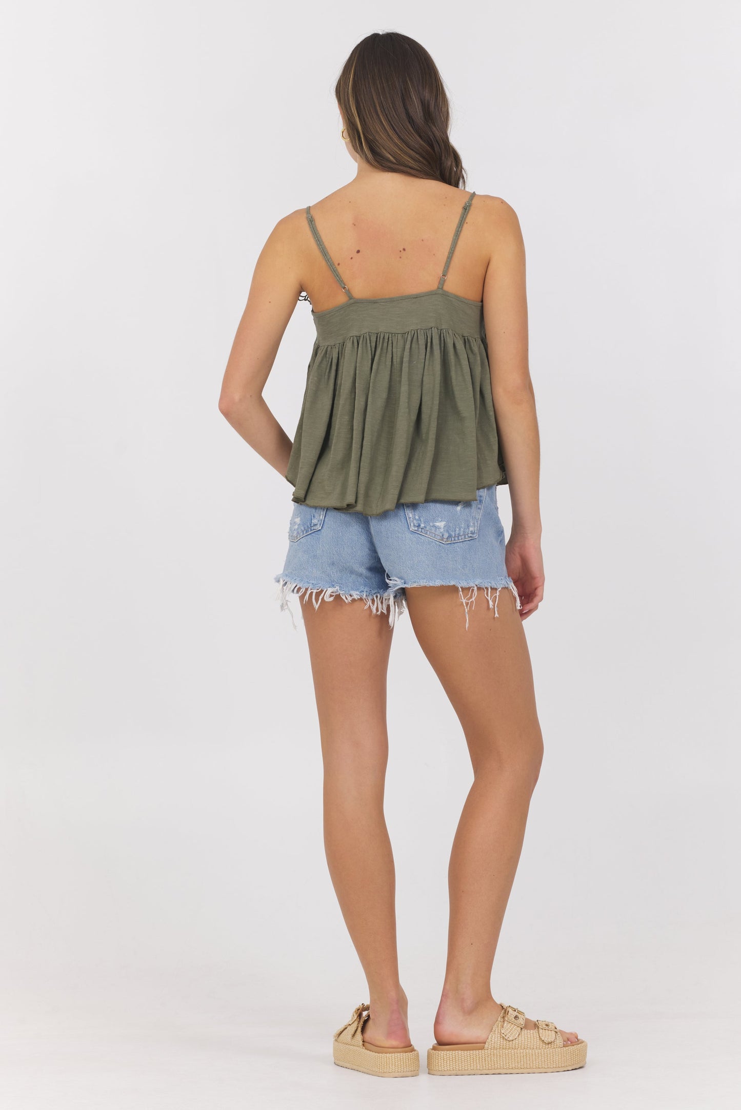 Dusty Olive Vintage Havana Dusty Olive Slub Jersey Knit Tank w/ Lace Trim