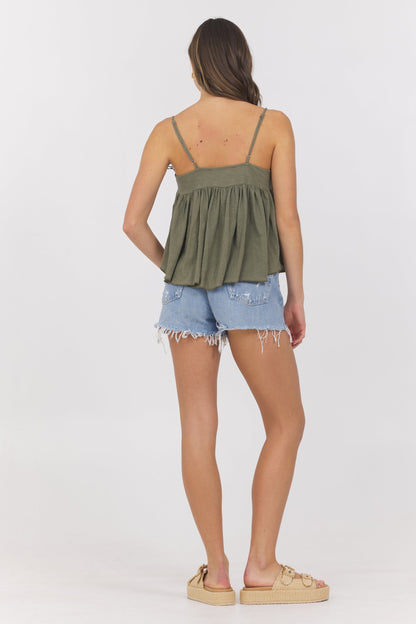 Dusty Olive Vintage Havana Dusty Olive Slub Jersey Knit Tank w/ Lace Trim