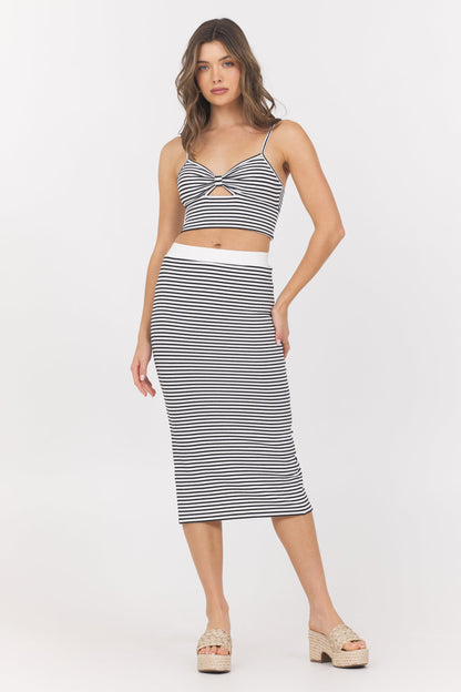 Ivory/Black Vintage Havana Striped Knit Twist Front Cut Out Tank