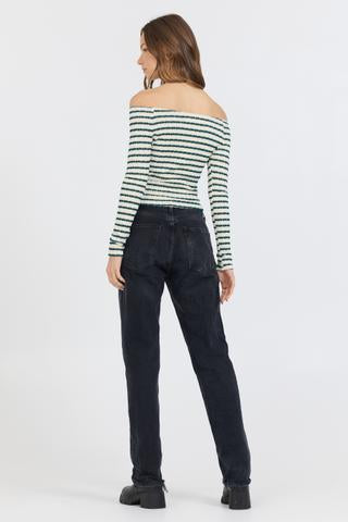 Ivory/Green Vintage Havana Ivory Green Fitted Off The Shoulder Top