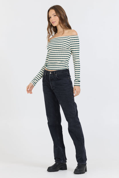 Ivory/Green Vintage Havana Ivory Green Fitted Off The Shoulder Top