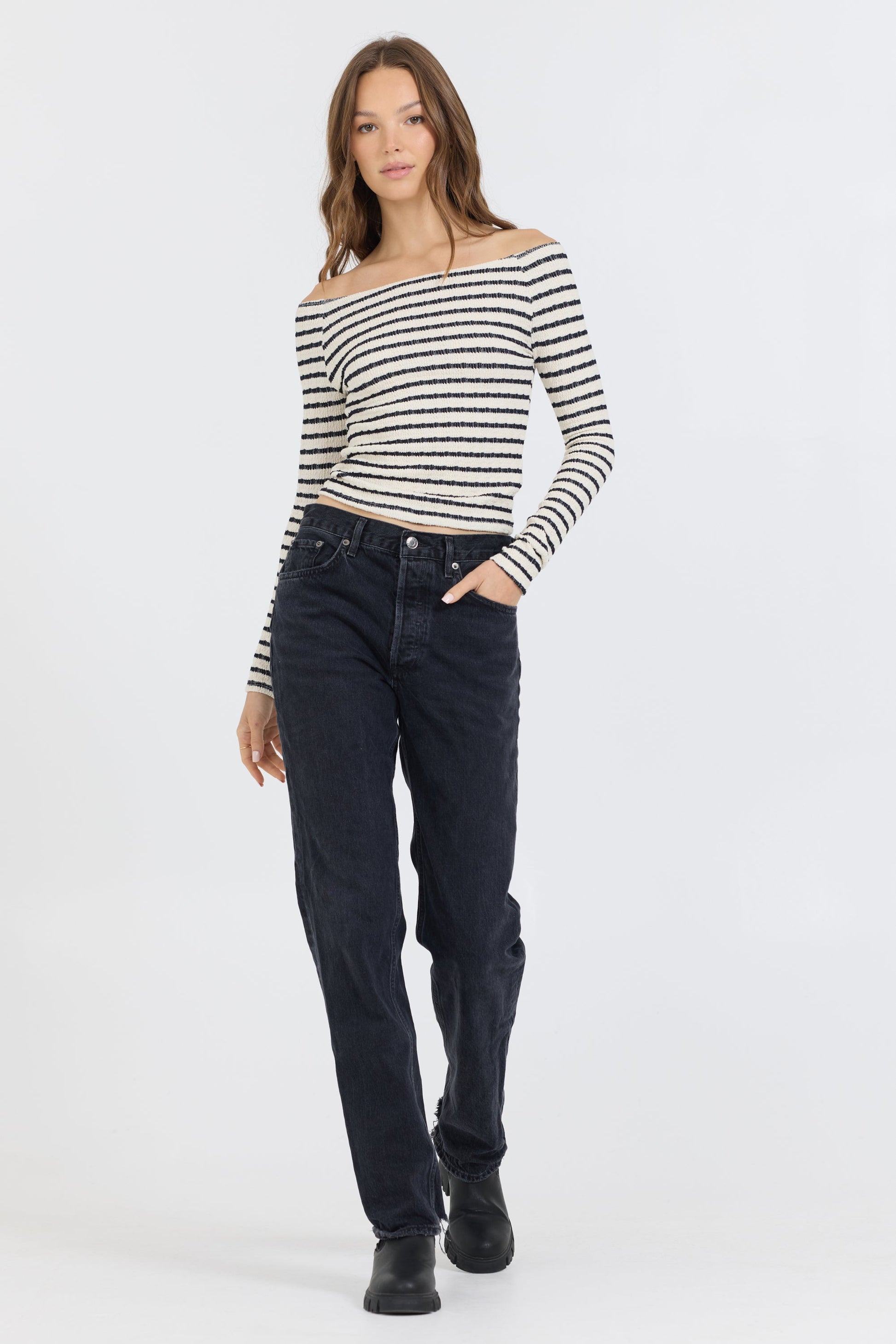Ivory Vintage Havana Ivory Black Fitted Off The Shoulder Top