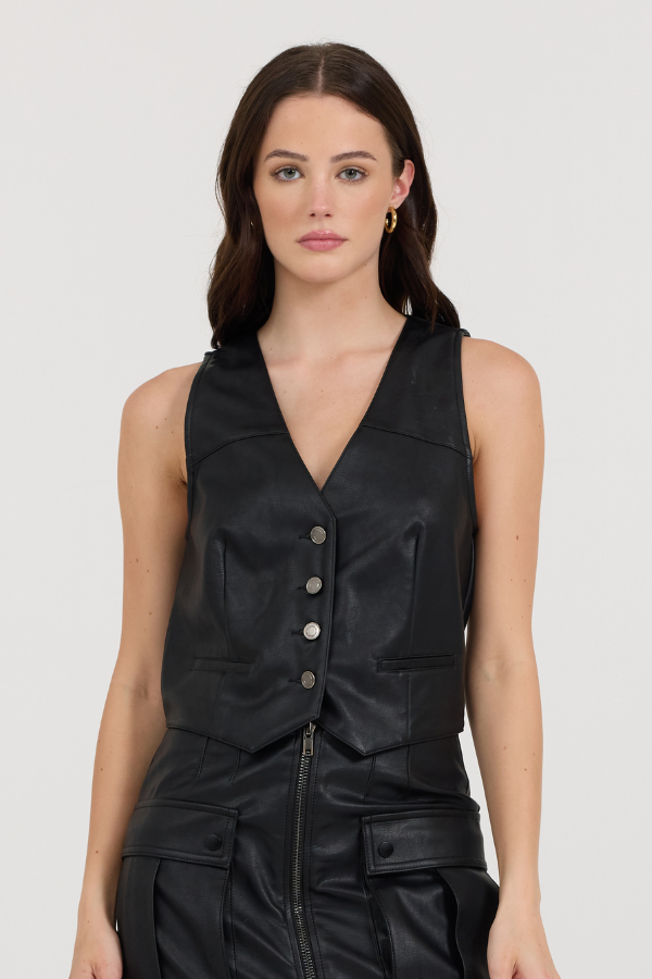 Black Vintage Havana Black Leather Button Front Vest