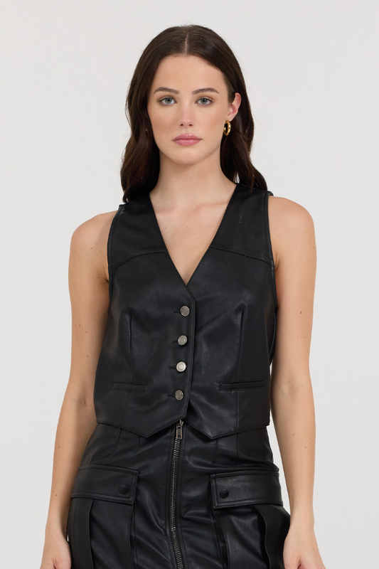 Black Vintage Havana Black Leather Button Front Vest