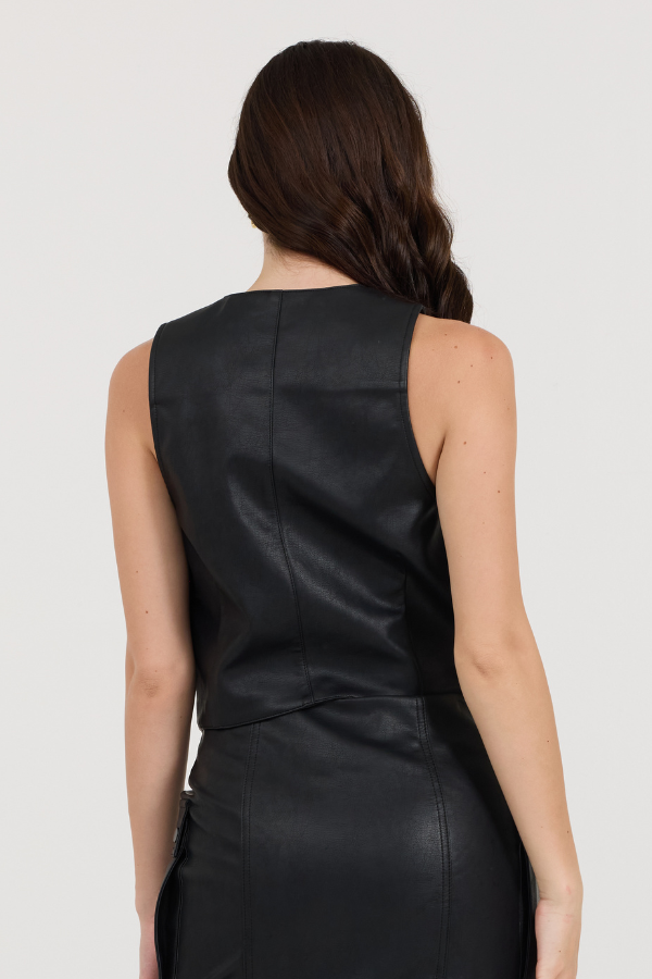 Black Vintage Havana Black Leather Button Front Vest