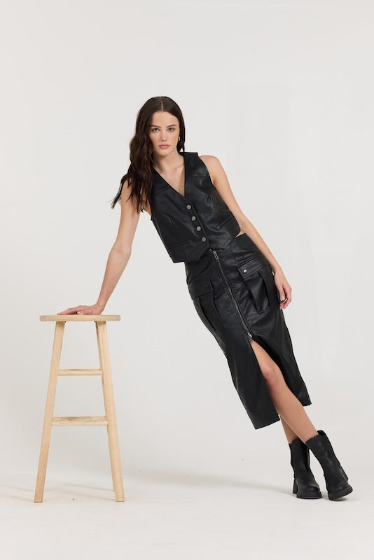 Black Vintage Havana Black Leather Button Front Vest