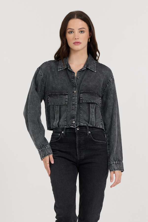 Washed Black Vintage Havana Washed Black Cropped Pocket Detail Shirt