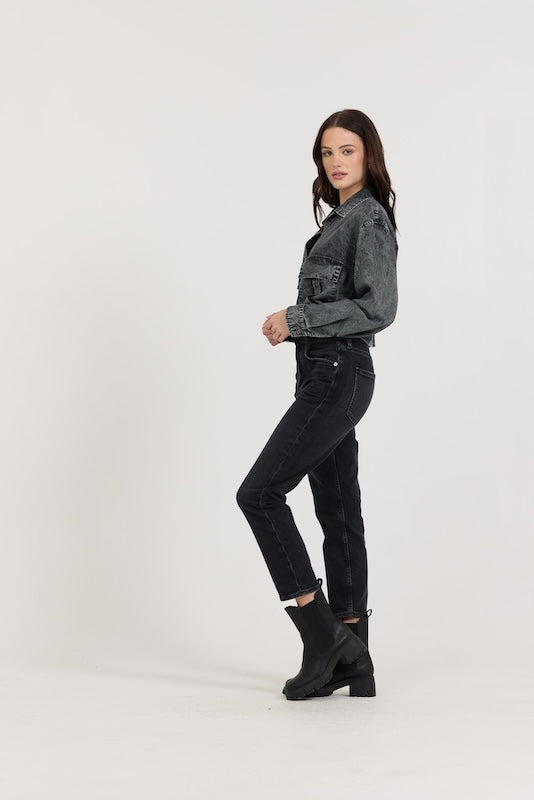 Washed Black Vintage Havana Washed Black Cropped Pocket Detail Shirt