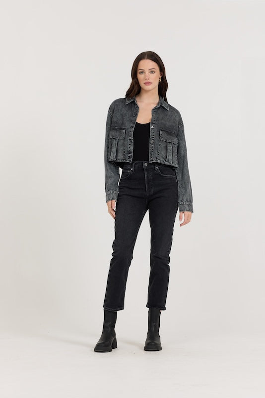 Washed Black Vintage Havana Washed Black Cropped Pocket Detail Shirt