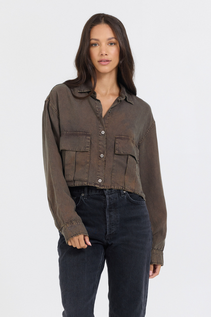 Brown Vintage Havana Brown Cropped Pocket Detail Shirt