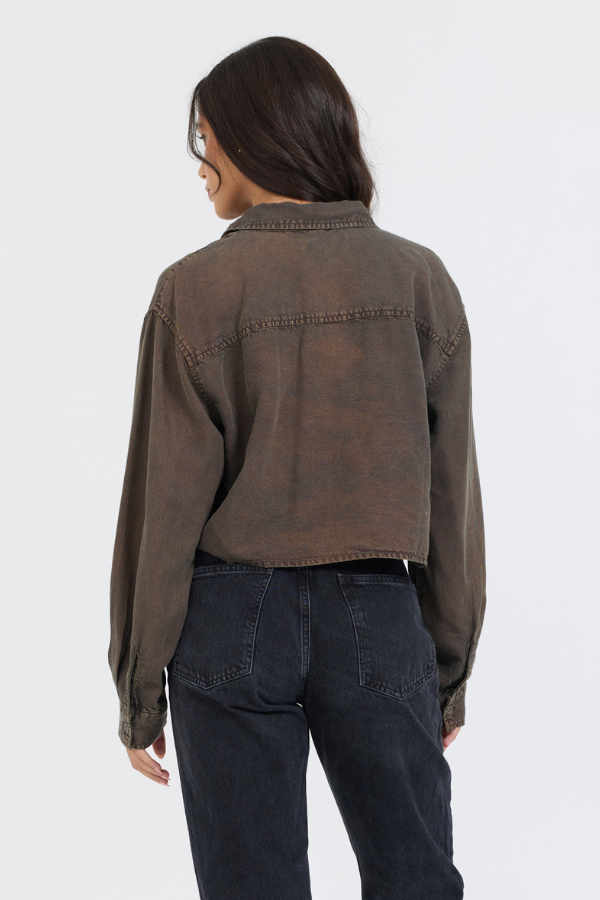 Brown Vintage Havana Brown Cropped Pocket Detail Shirt