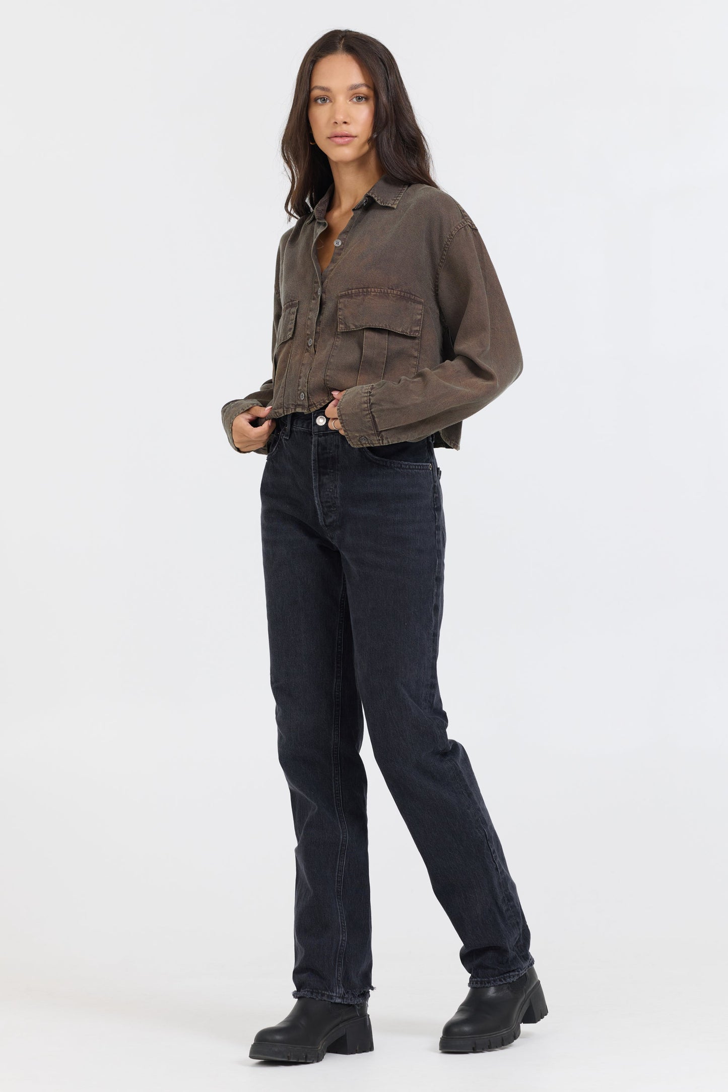 Brown Vintage Havana Brown Cropped Pocket Detail Shirt