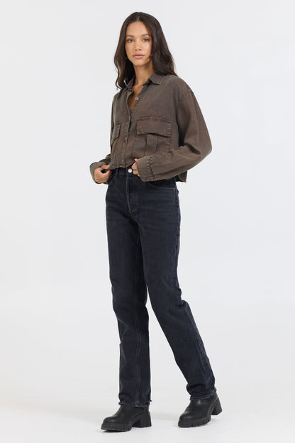 Brown Vintage Havana Brown Cropped Pocket Detail Shirt