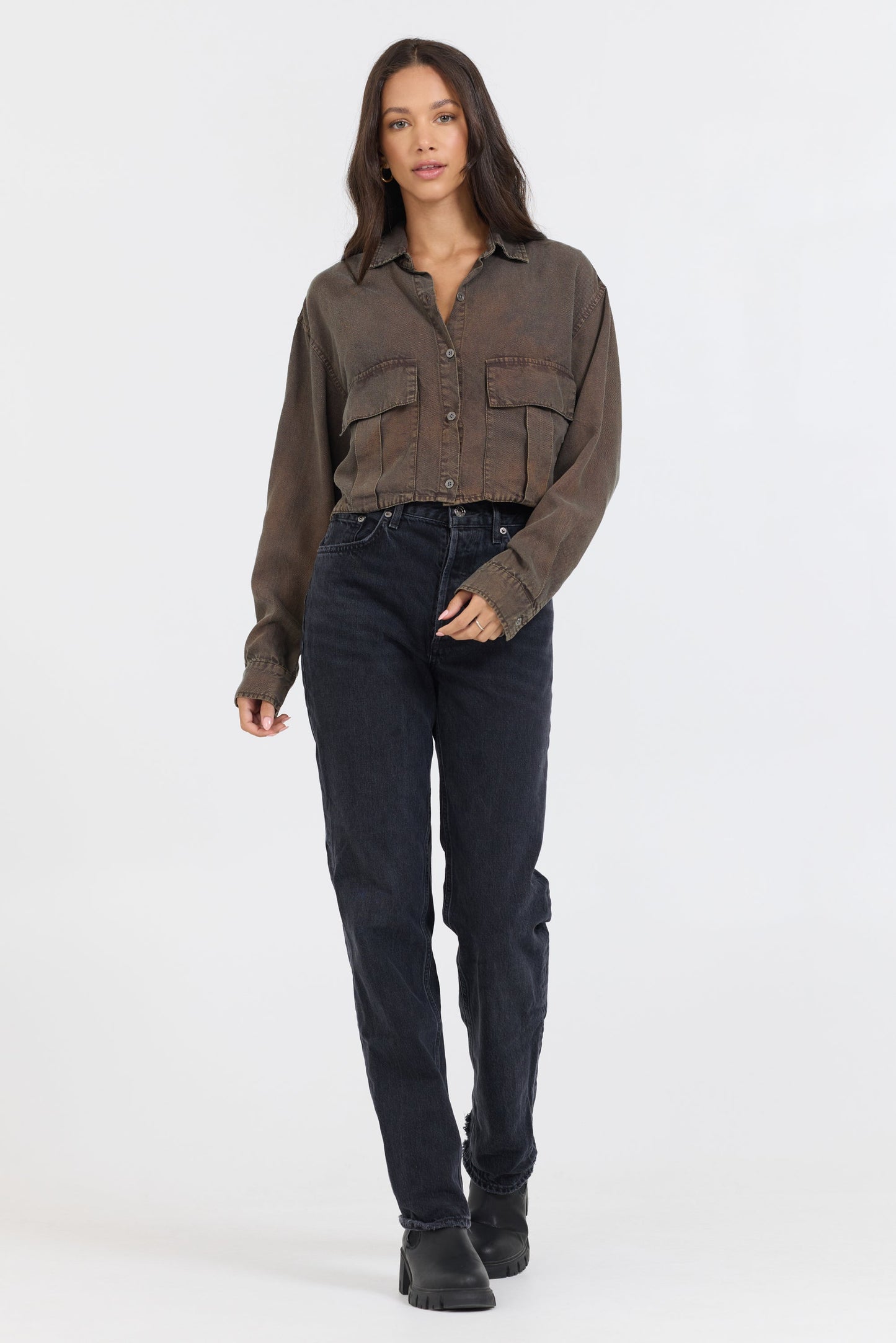 Brown Vintage Havana Brown Cropped Pocket Detail Shirt