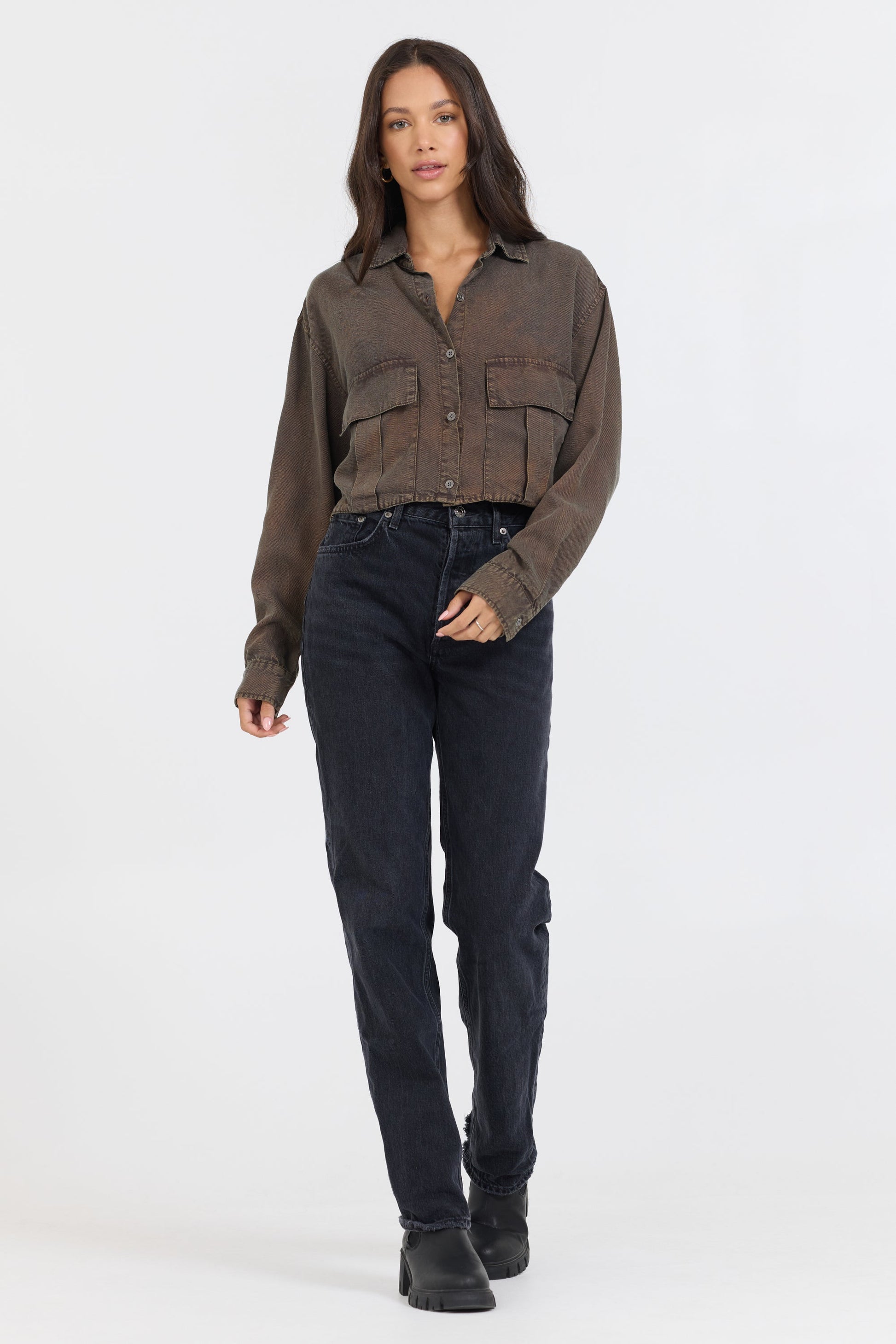 Brown Vintage Havana Brown Cropped Pocket Detail Shirt