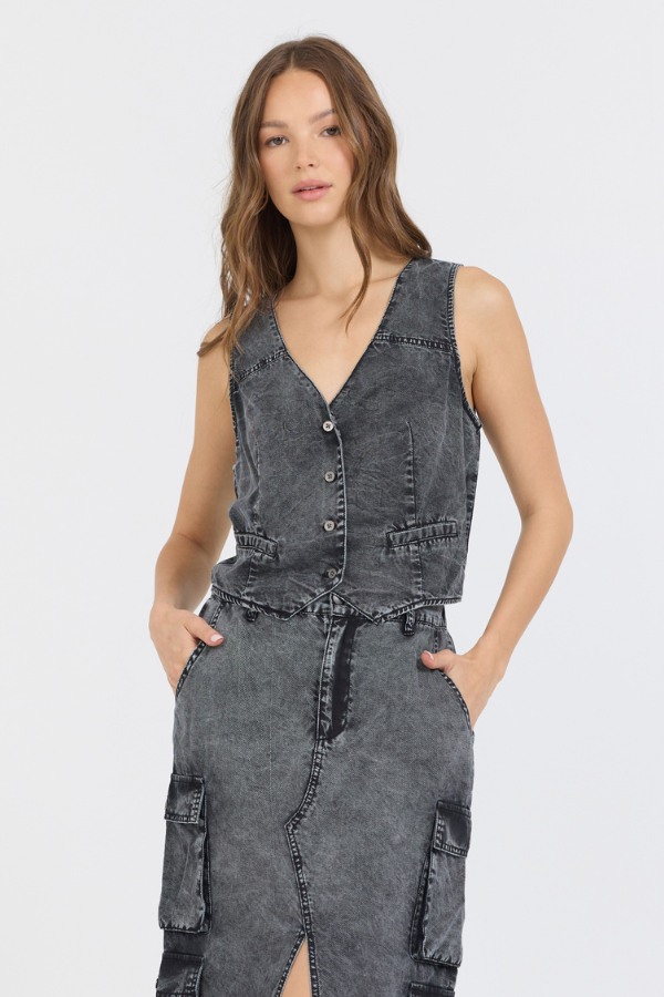 Washed Black Vintage Havana Washed Black Twill Button Front Vest Top