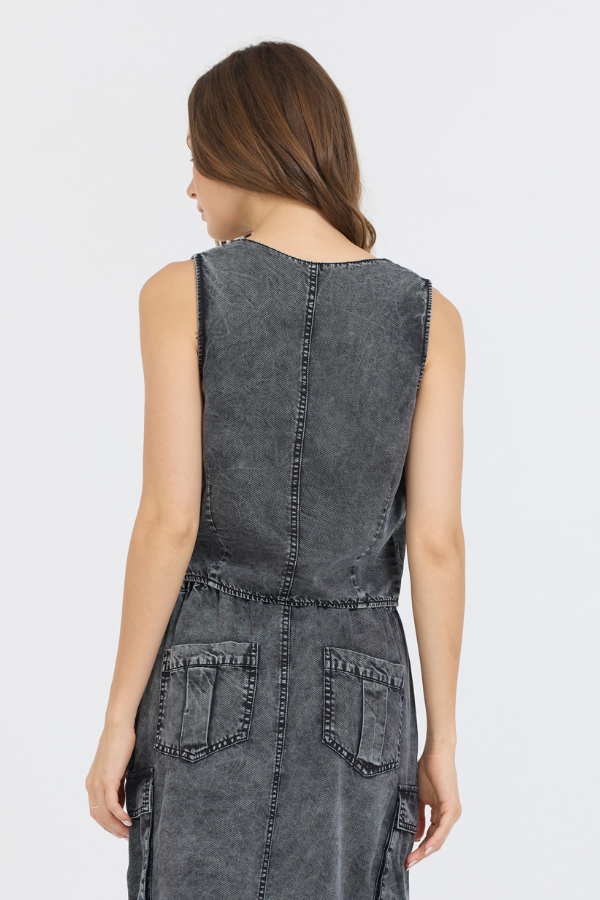 Washed Black Vintage Havana Washed Black Twill Button Front Vest Top