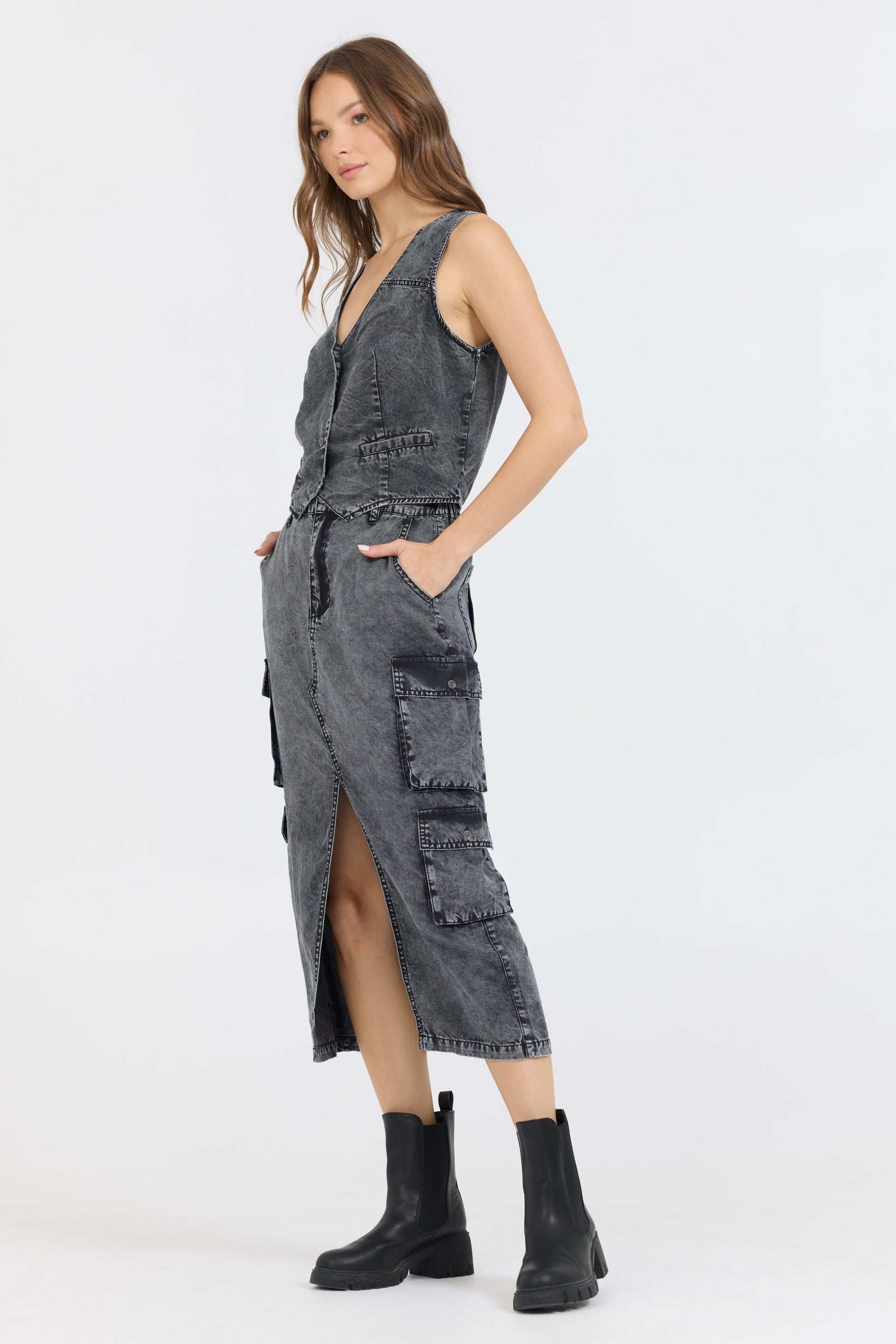Washed Black Vintage Havana Washed Black Twill Button Front Vest Top