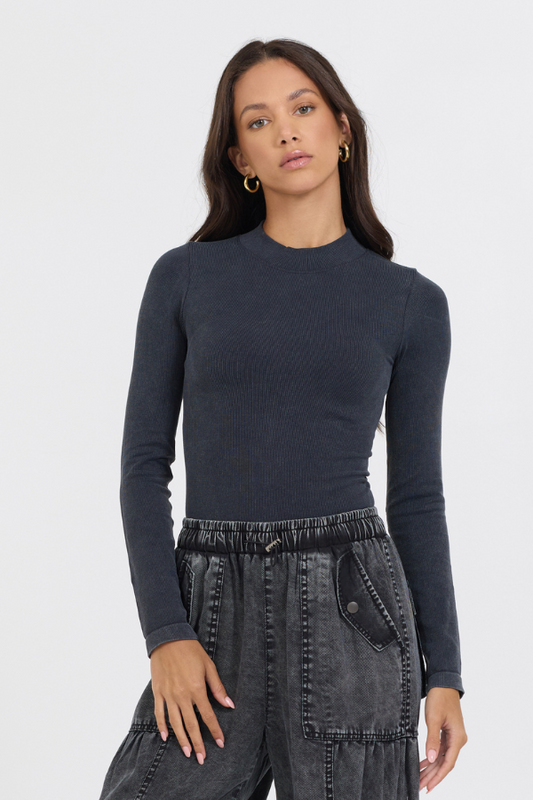 Grey Vintage Havana Washed Mountain Seamless Mock Neck Top