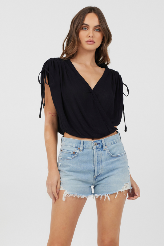 Black Vintage Havana Black Rayon Crinkle Surplice Top