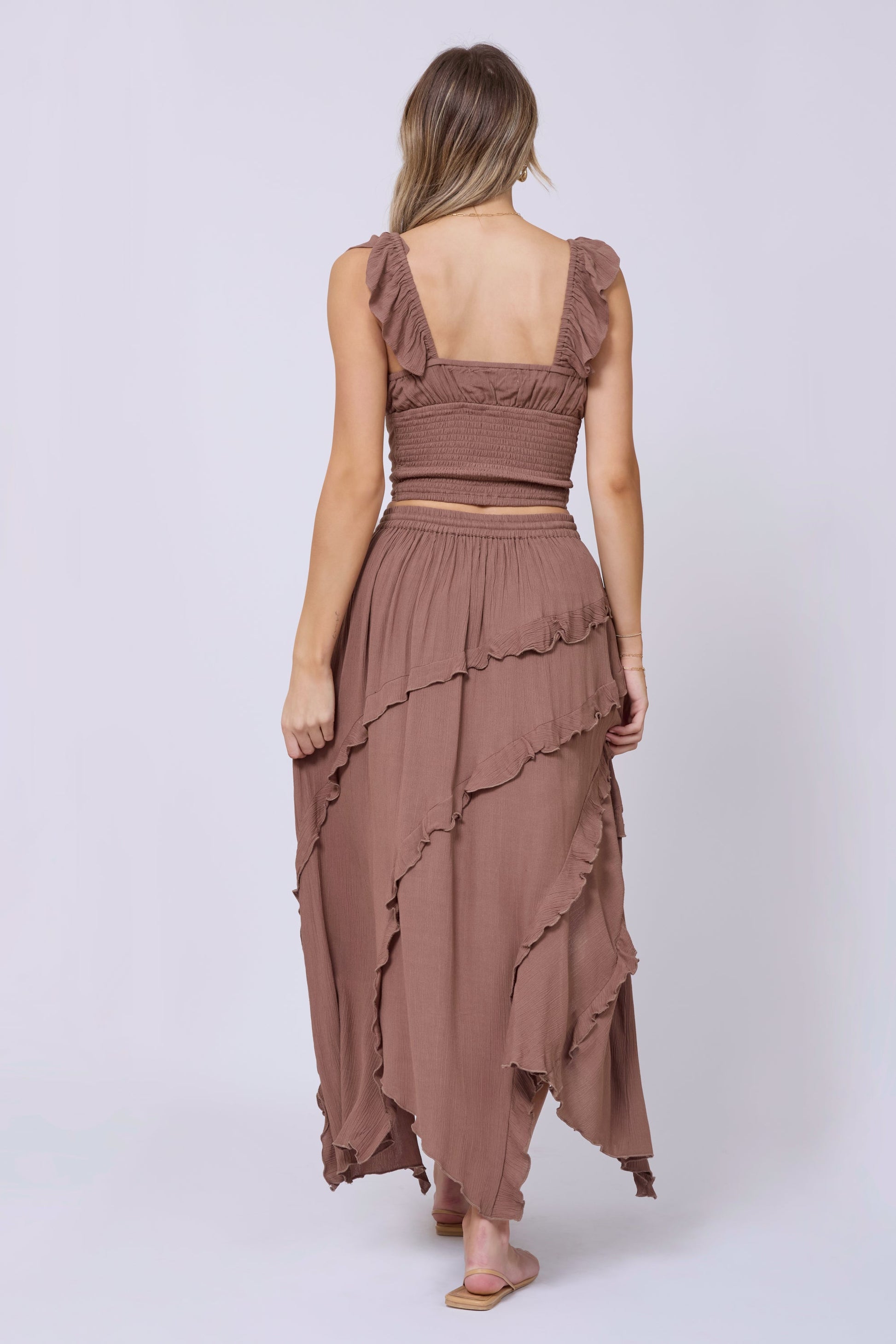 Washed Mocha Vintage Havana Washed Mocha Rayon Crinkle Flutter Sleeve Top