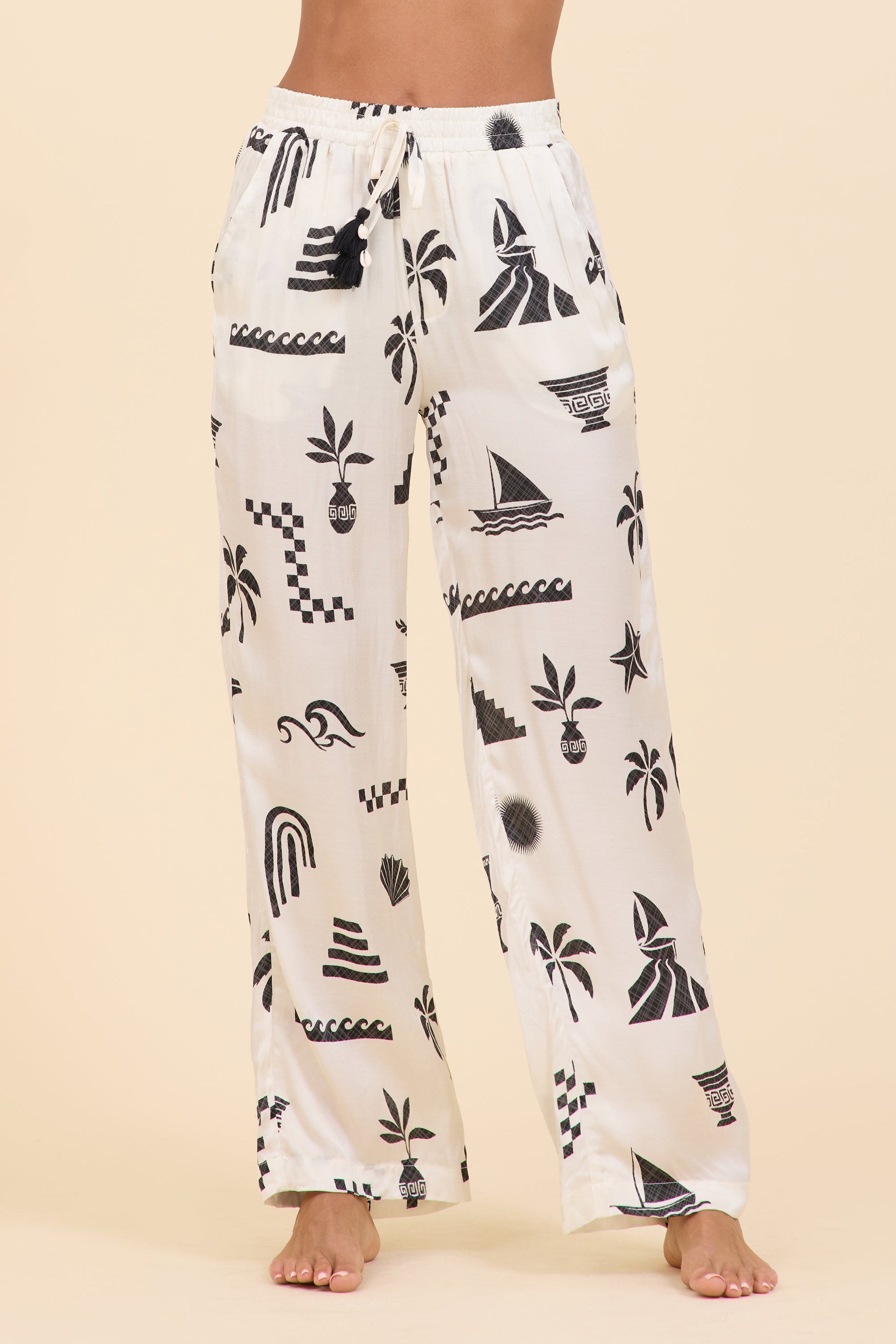 Beach Vintage Havana SURF Beach Vibe Printed Satin Wide Leg Pant