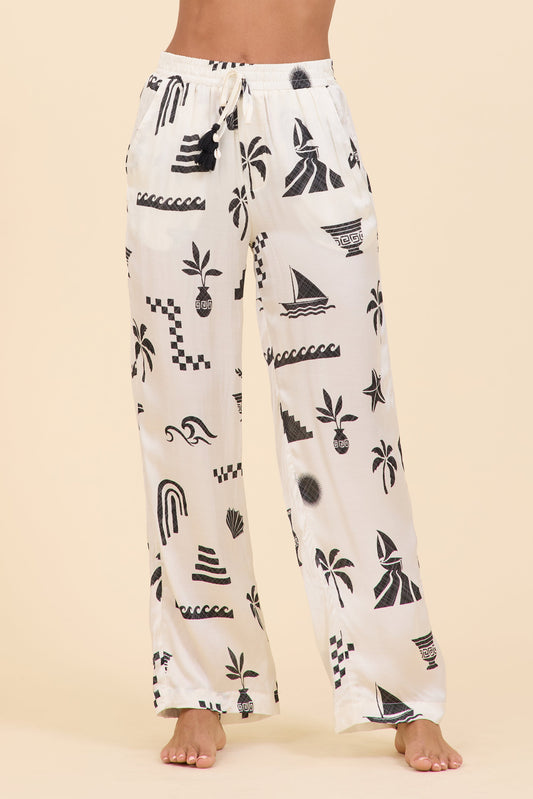 Beach Vintage Havana SURF Beach Vibe Printed Satin Wide Leg Pant