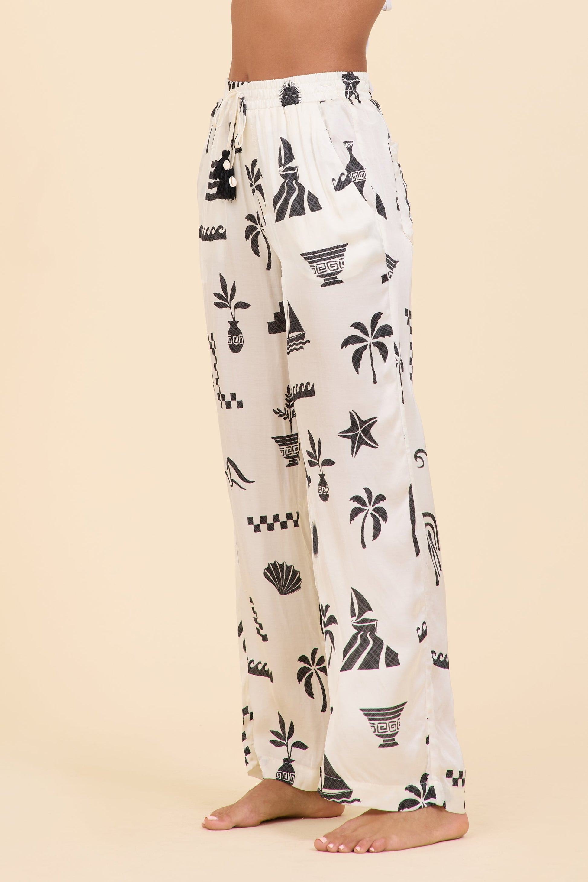 Beach Vintage Havana SURF Beach Vibe Printed Satin Wide Leg Pant