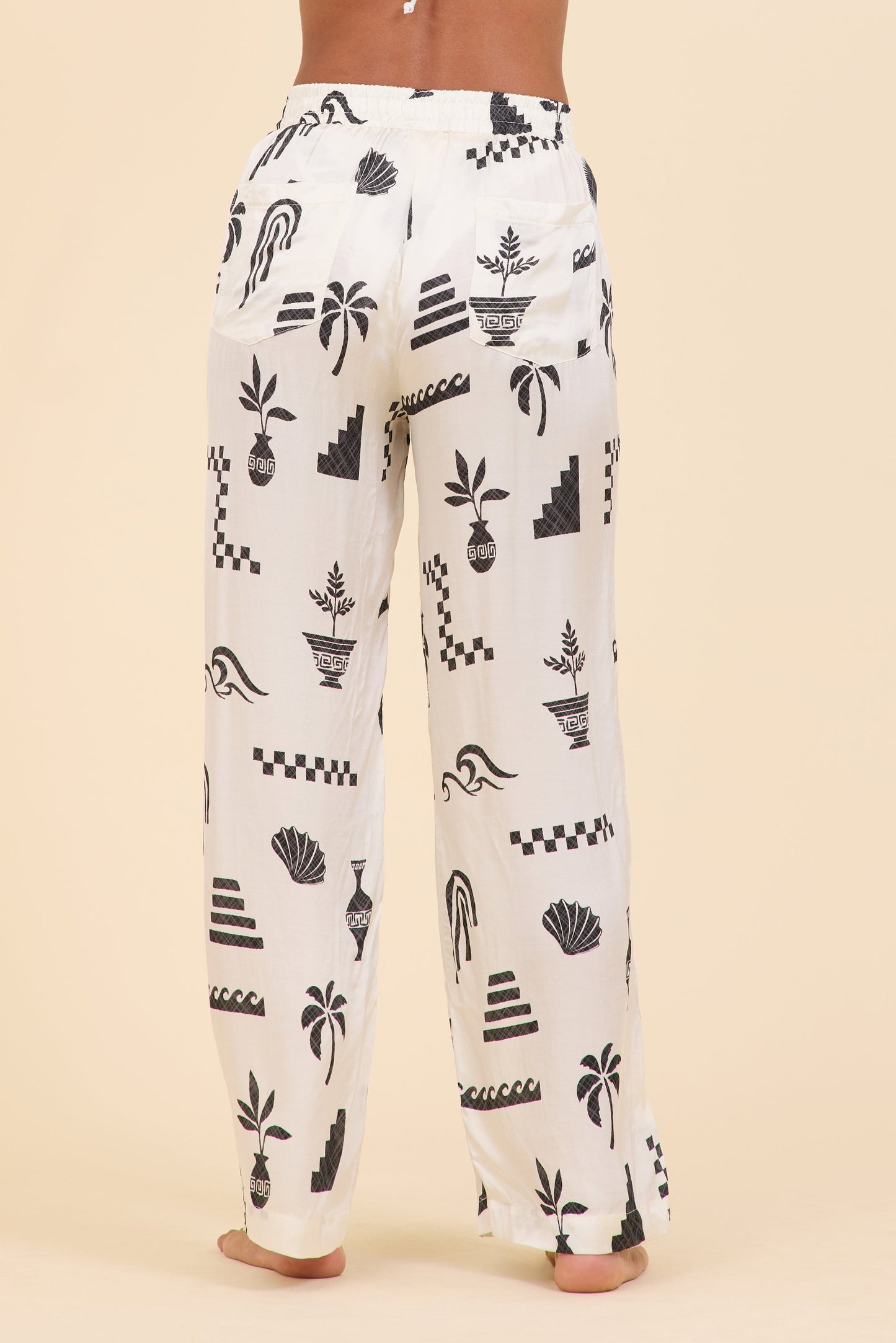 Beach Vintage Havana SURF Beach Vibe Printed Satin Wide Leg Pant