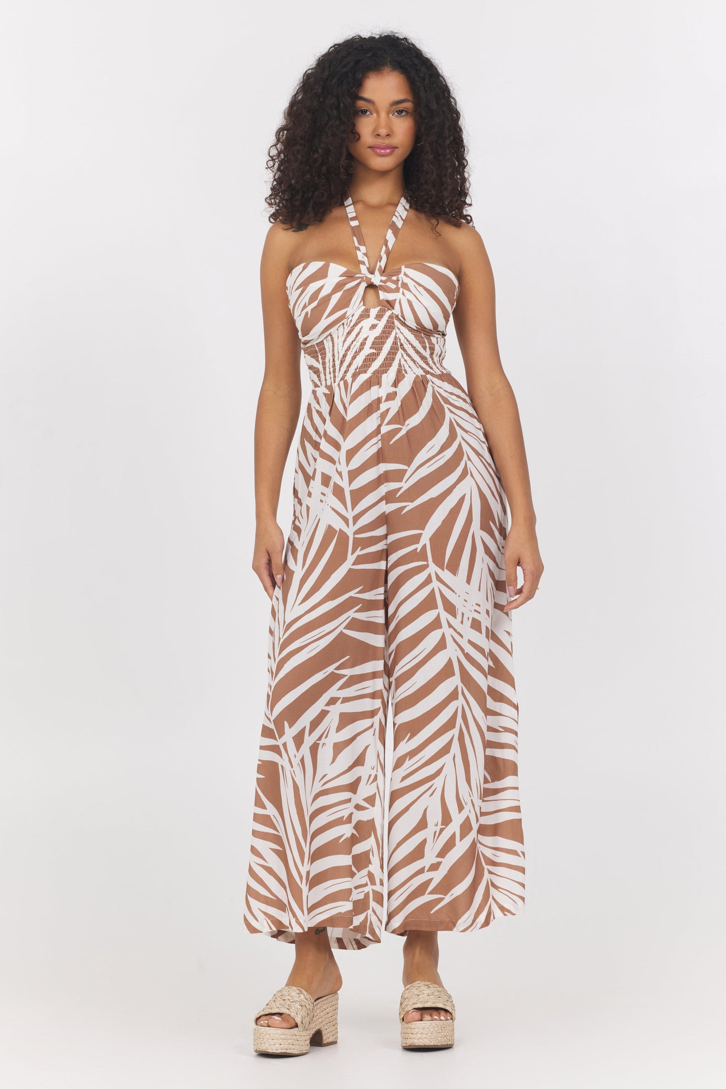Bronze Palm Print Vintage Havana Printed Rayon Halter Jumpsuit