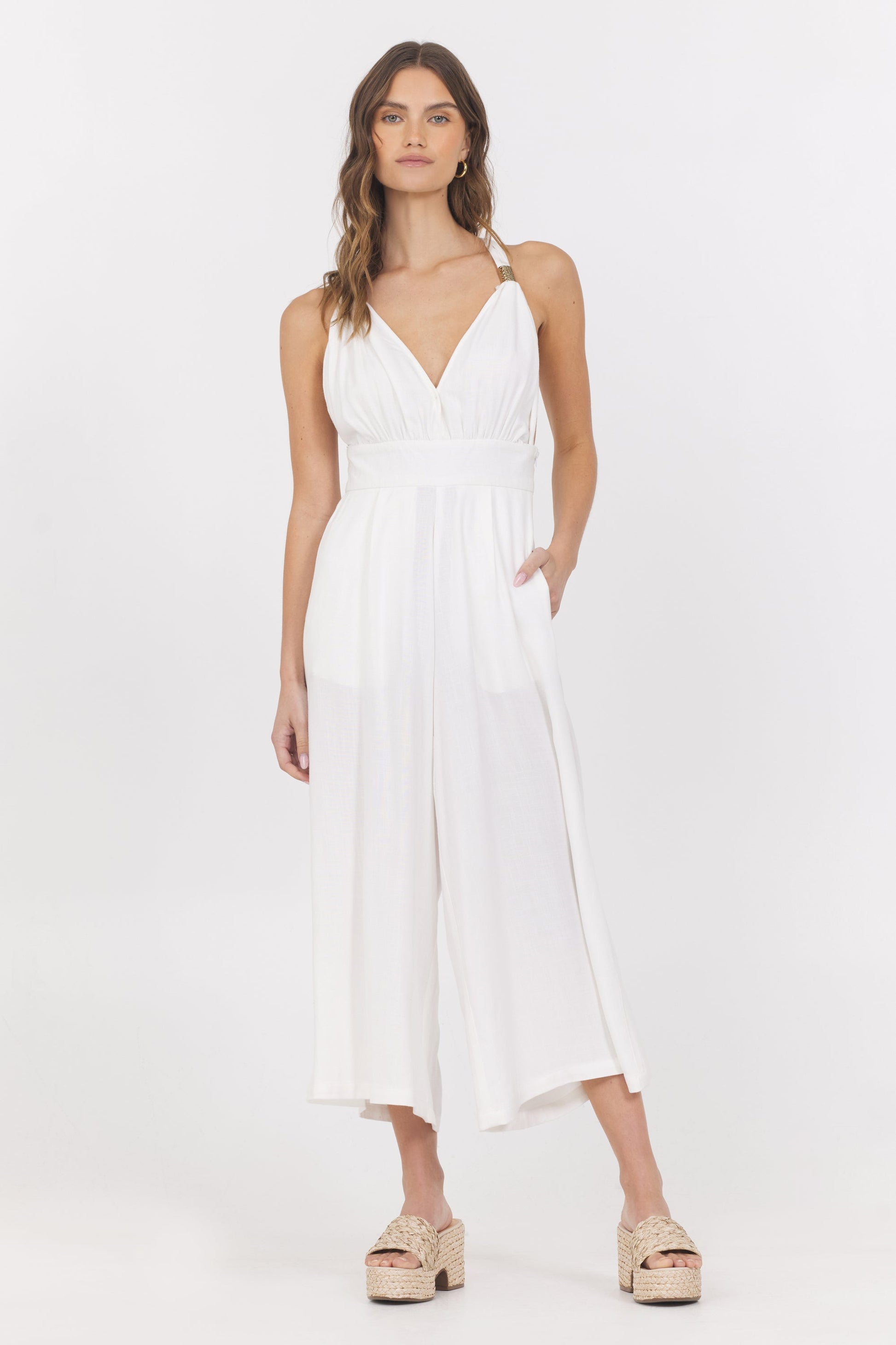 White Vintage Havana Linen Blend Jumpsuit