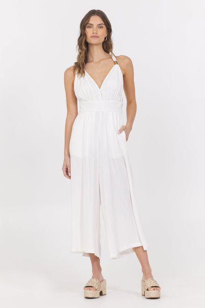 White Vintage Havana Linen Blend Jumpsuit