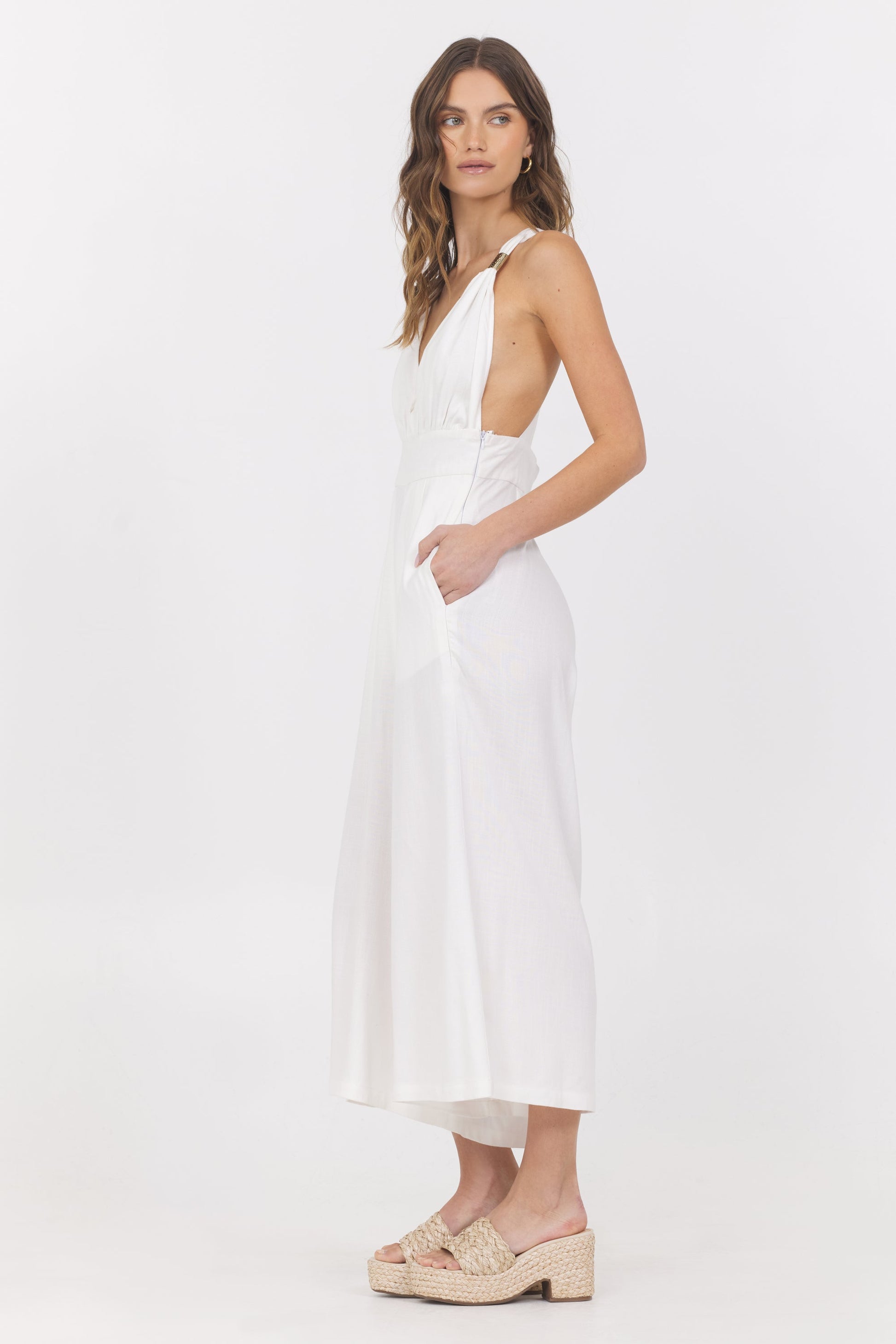 White Vintage Havana Linen Blend Jumpsuit