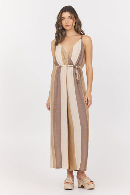 Cocoa Stripe Vintage Havana Woven Metallic Stripe Jumpsuit
