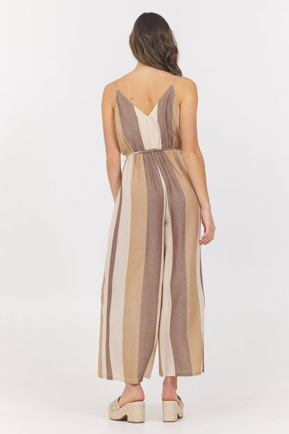 Cocoa Stripe Vintage Havana Woven Metallic Stripe Jumpsuit