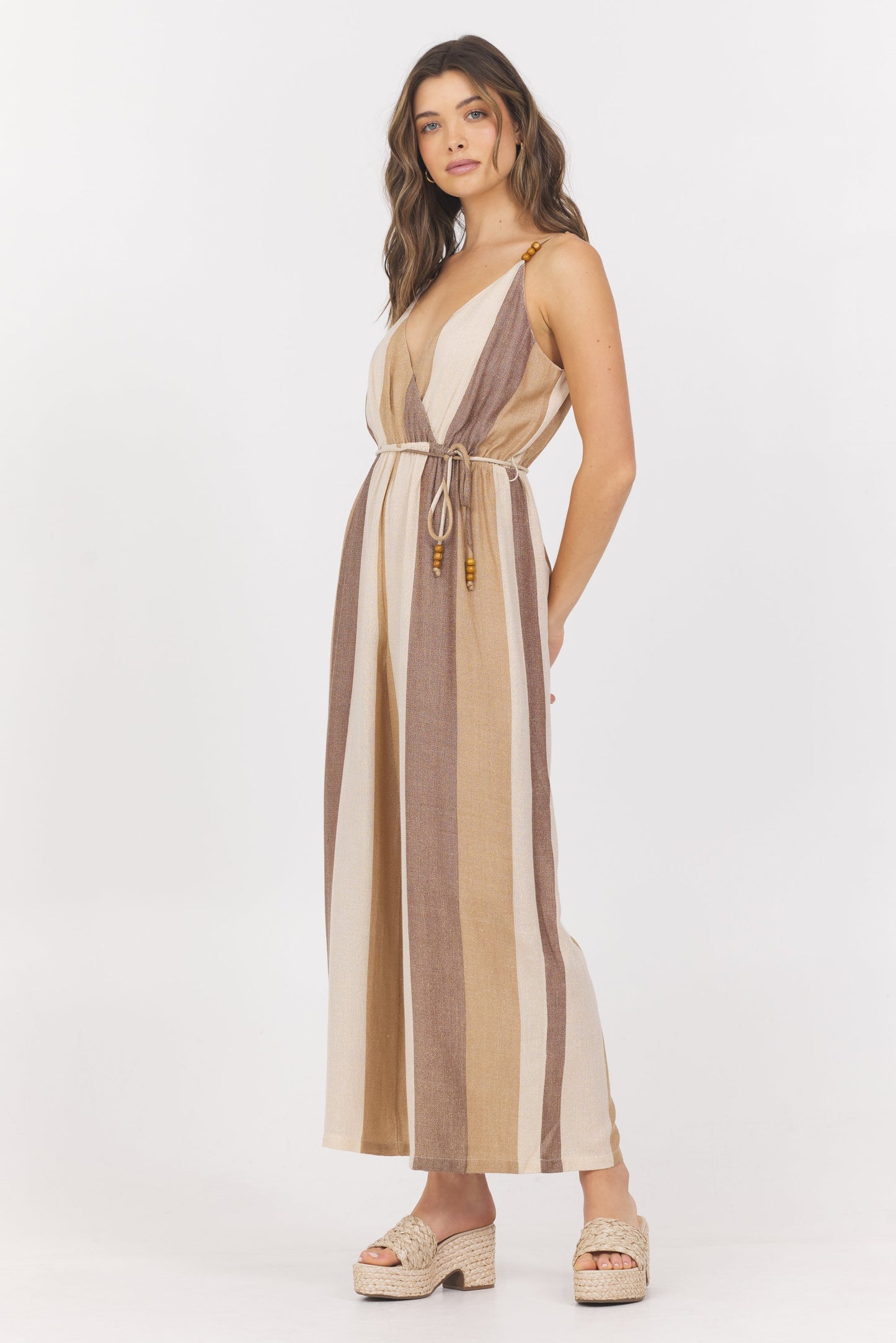 Cocoa Stripe Vintage Havana Woven Metallic Stripe Jumpsuit